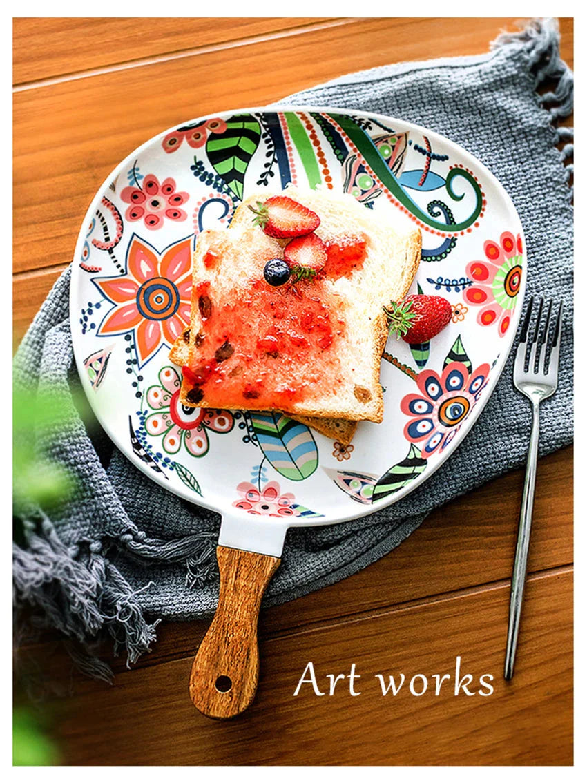 Ceramic Salad Plates with Handle,Porcelain Dinner Plates,Colorful Floral Pattern Serving Plate for Desserts Sandwiches Dishes 접시