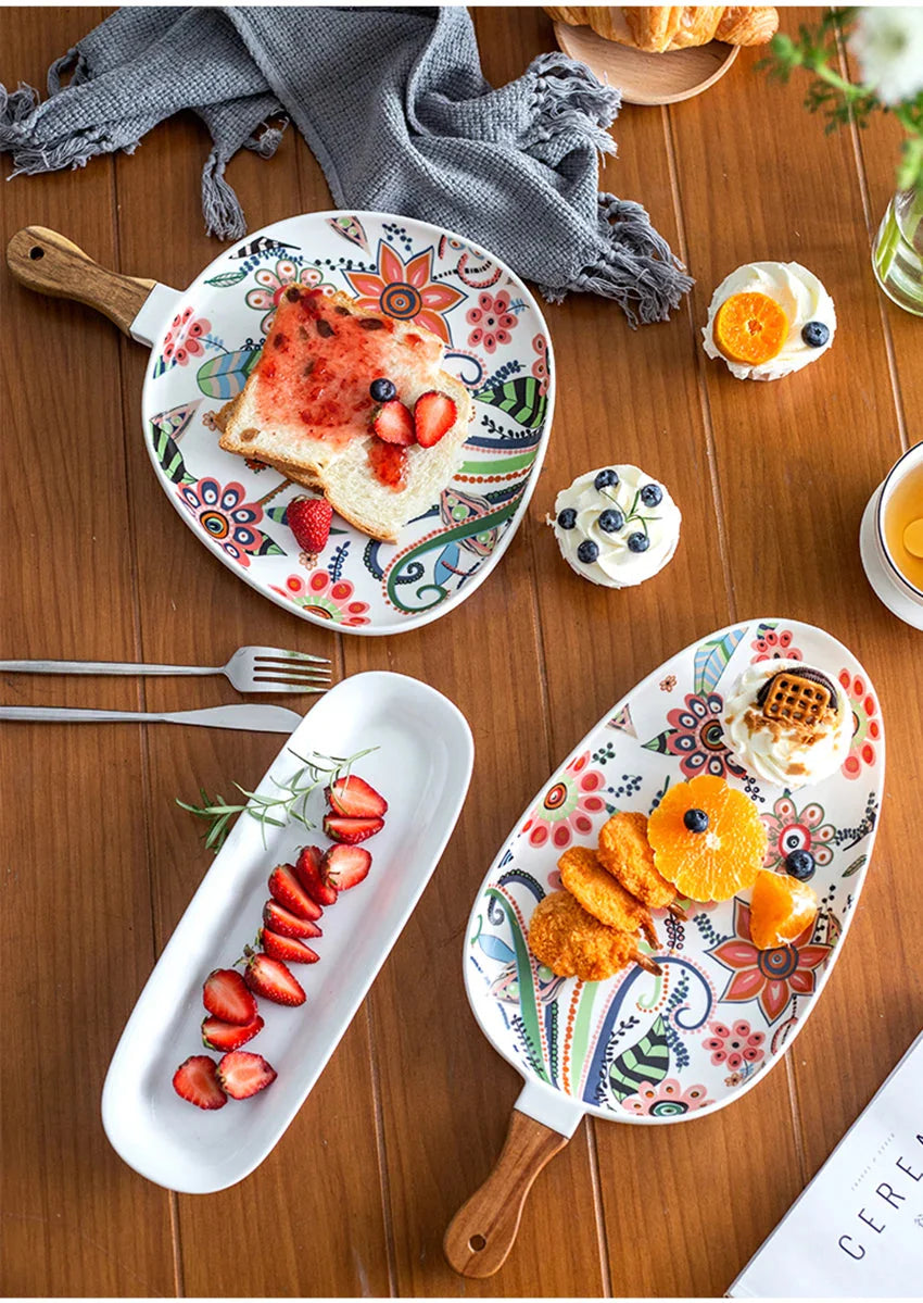 Ceramic Salad Plates with Handle,Porcelain Dinner Plates,Colorful Floral Pattern Serving Plate for Desserts Sandwiches Dishes 접시