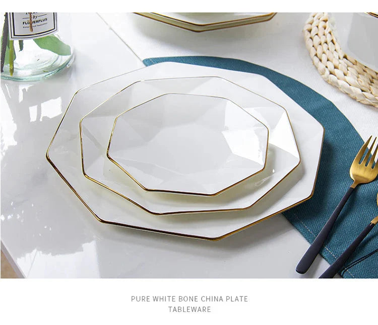 Phnom Penh Creative Octagonal Steak Flat Plate Light Luxury Bone China Tableware Western Dinner Plate Household Dinner Plates