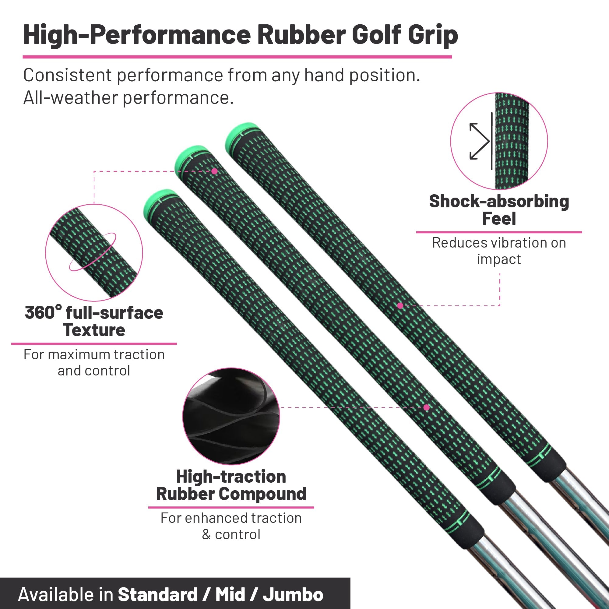 360 Golf Grips | 3 Pack Black | Standard, Mid, Jumbo | High-Traction Rubber Grip