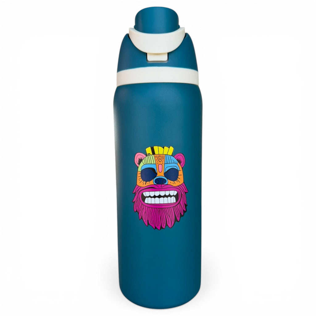 Hydration Bottle – Tiki Bear | 32oz Insulated Stainless Steel | Flip Straw Lid w/ Handle