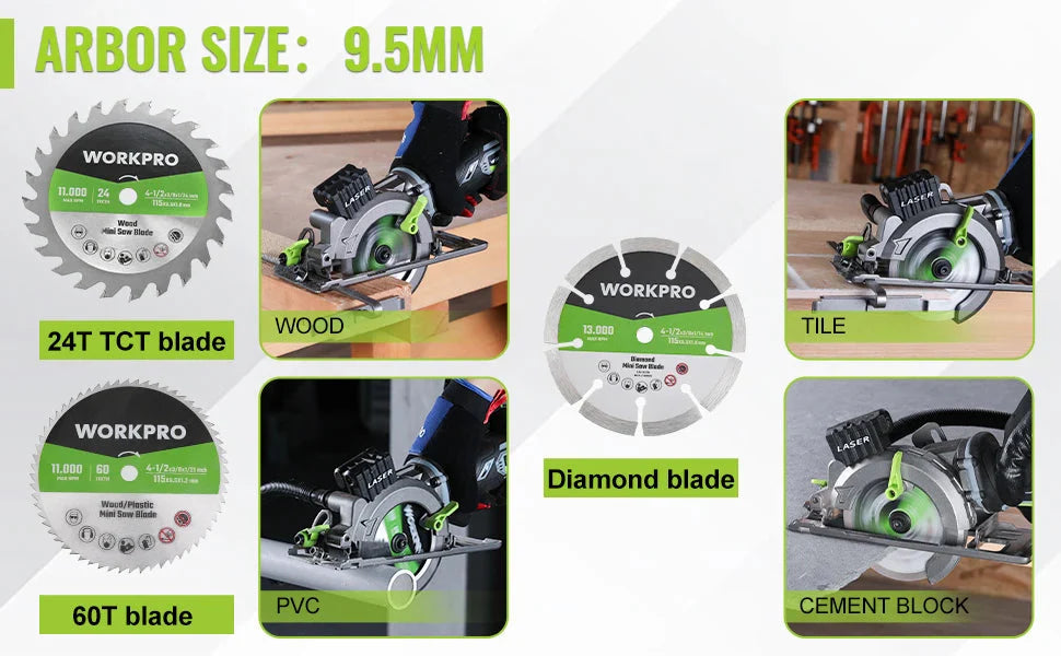 WORKPRO 20V Cordless Electric Circular Saw With Laser For Wood Ceramic Tile 115 mm Saw Blade 710W Electric Circular Saw No Laser