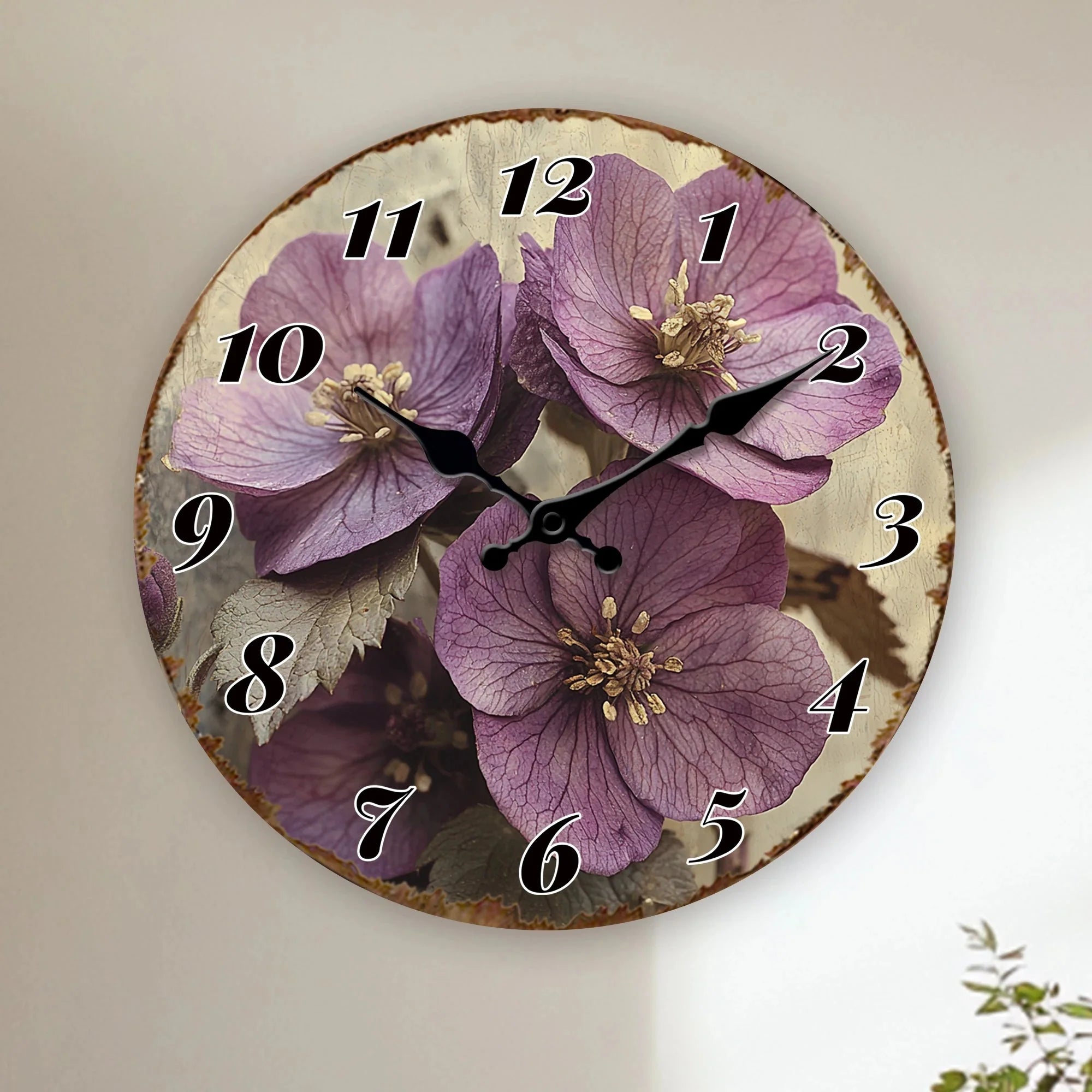 Purple Flower Blossom Floral Art Design Rustic Charm Decorative Clock 10"-16"