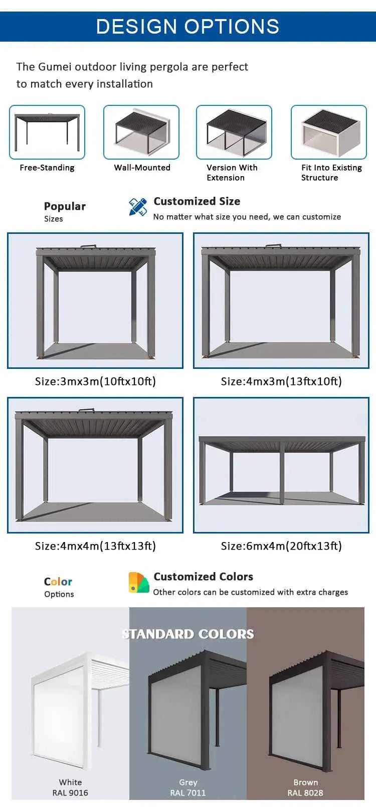 Motorized Aluminum Bioclimatic Pergola - Waterproof Electric Shutter Garden Gazebo