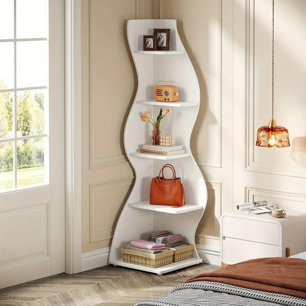5-Tier Wave Bookshelf  Modern curved corner shelf with metal frame and wooden shelves, white finish, sturdy floor design bedroom