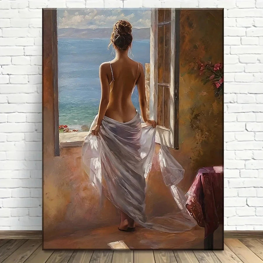 Elegant Mediterranean Canvas Wall Art - HD Seaside Painting with Wood Frame for Serene Home Decor, Ocean Theme Decoration