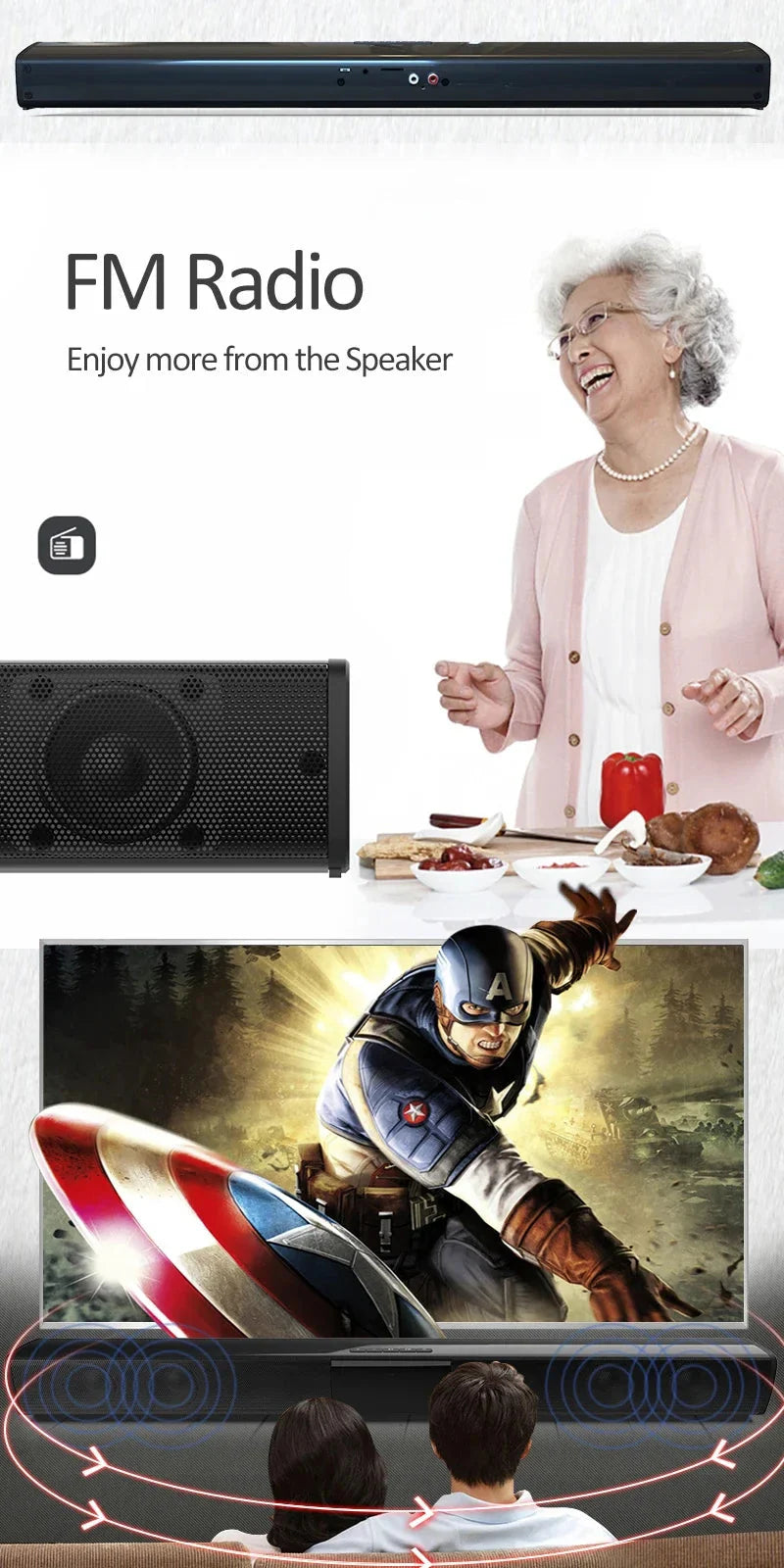 40W Soundbar TV Portable Bluetooth-compatible Speaker Sound bar Wireless Column Home Theater Sound System RCA AUX For TV PC