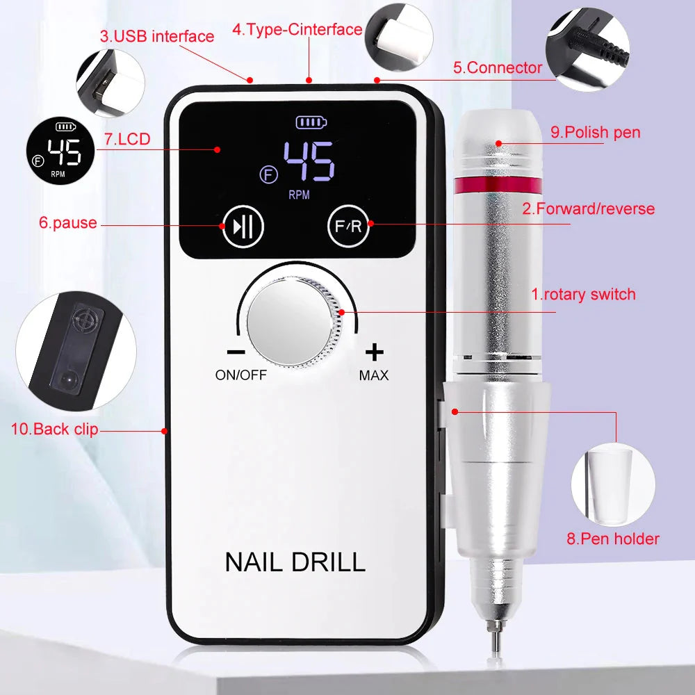 45000RPM Professional Nail Drill Machine Rechargeable Low Noise Electric Nail Drill Sander File for Manicure Gel  Polish Tool