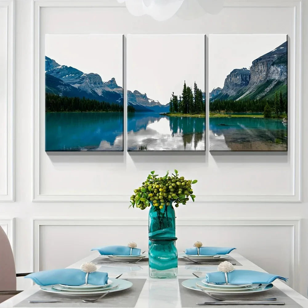 3 canvas wall art prints - landscape of turquoise lake and mountain on canvas, upholstery,1.5 inch thick wood frame