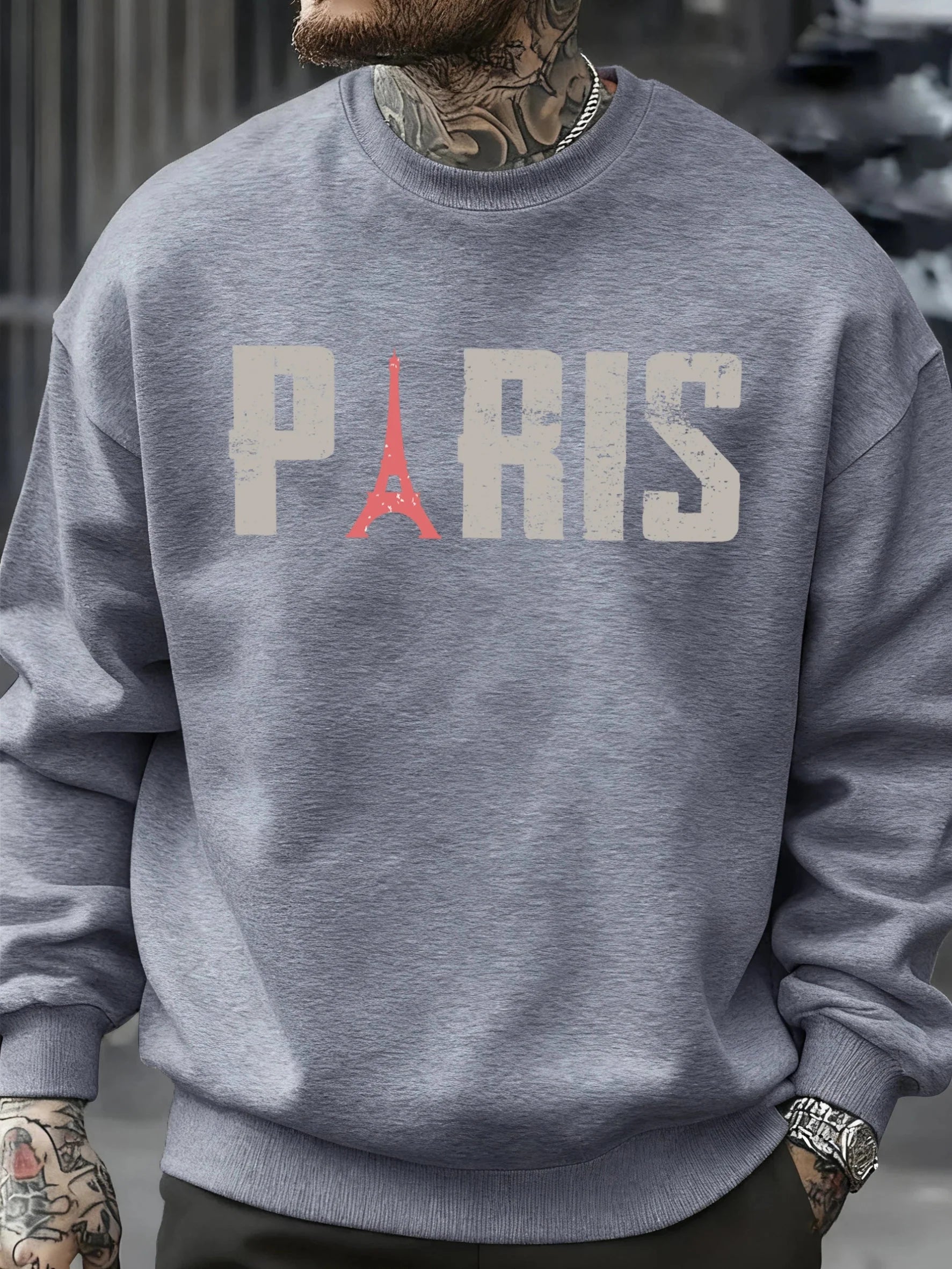 Famous Paris Tower Pattern Sweatshirt Men O-Neck Clothes Autumn Fleece Retro Pullover Loose Unisex Colour Fashion Streetwear