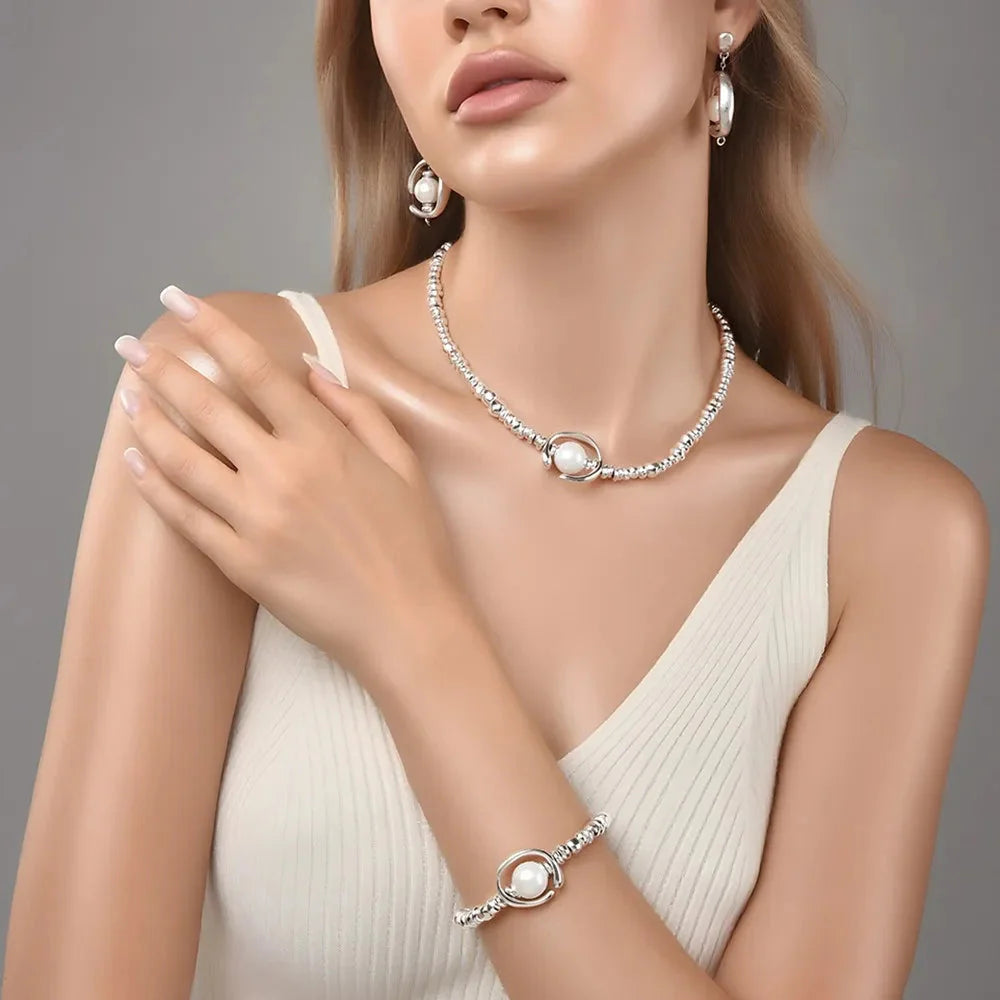 Pearl Jewelry Set, Gold Silver Necklace Earrings Bracelet Set, Elegant Wedding Party Jewelry For Women Gifts