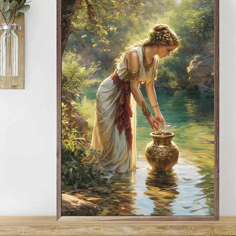 Elegant 3D Hand-Painted Canvas Oil Painting - Serene Forest Scene with Woman & Golden Vase, Abstract Home Wall Art