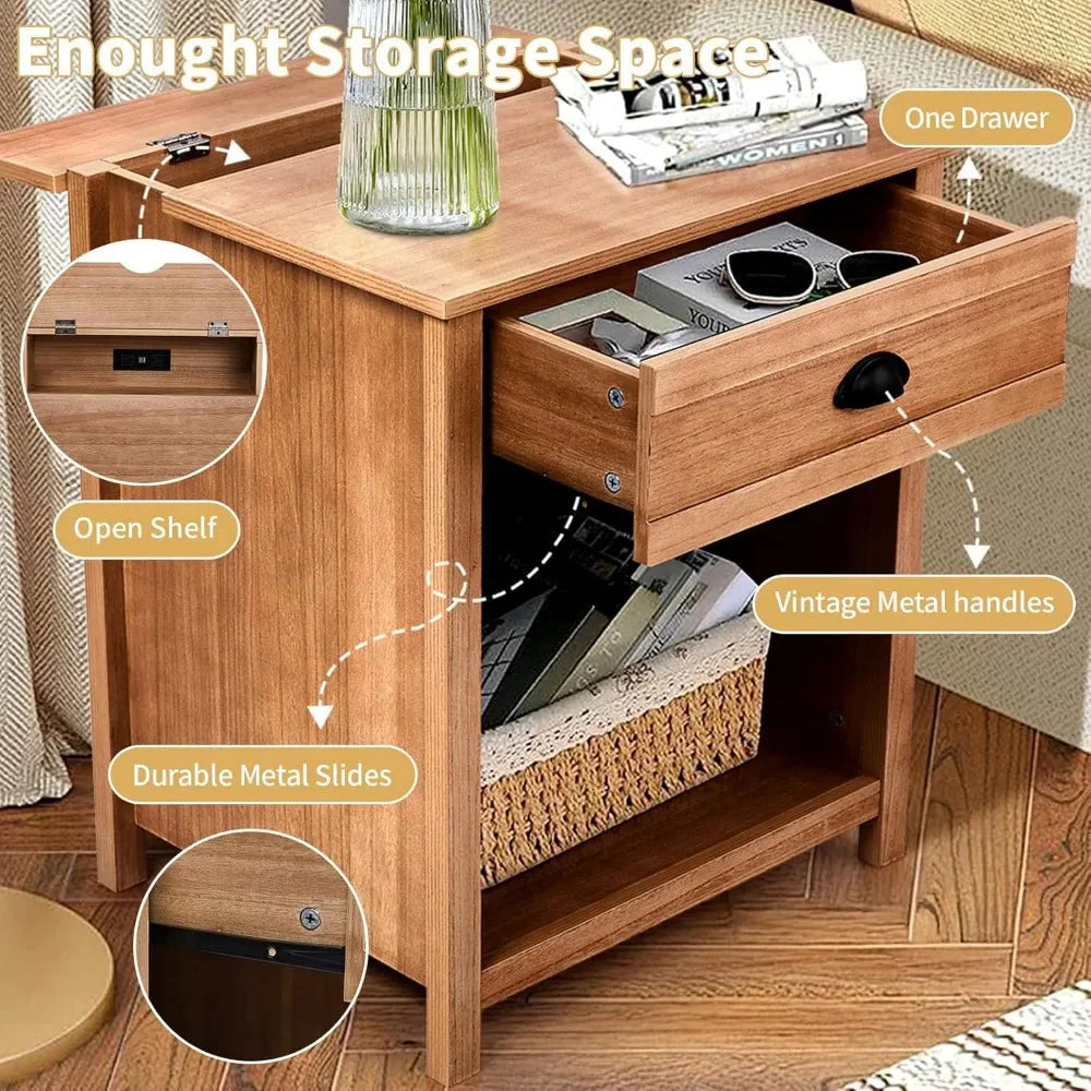 charging station nightstand in farmhouse style, pine wood with drawer for bedroom use