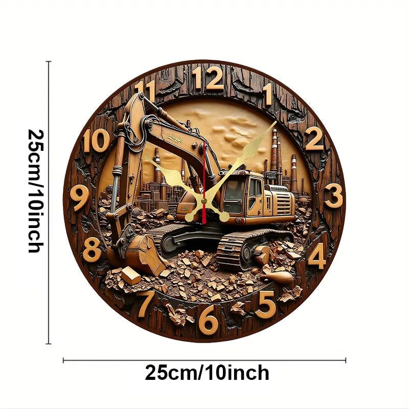 Excavator Industrial Wooden Round Silent Hanging Wall Clock, Suitable For Living Room,Office,Study Room,Bedroom, Home Decoration