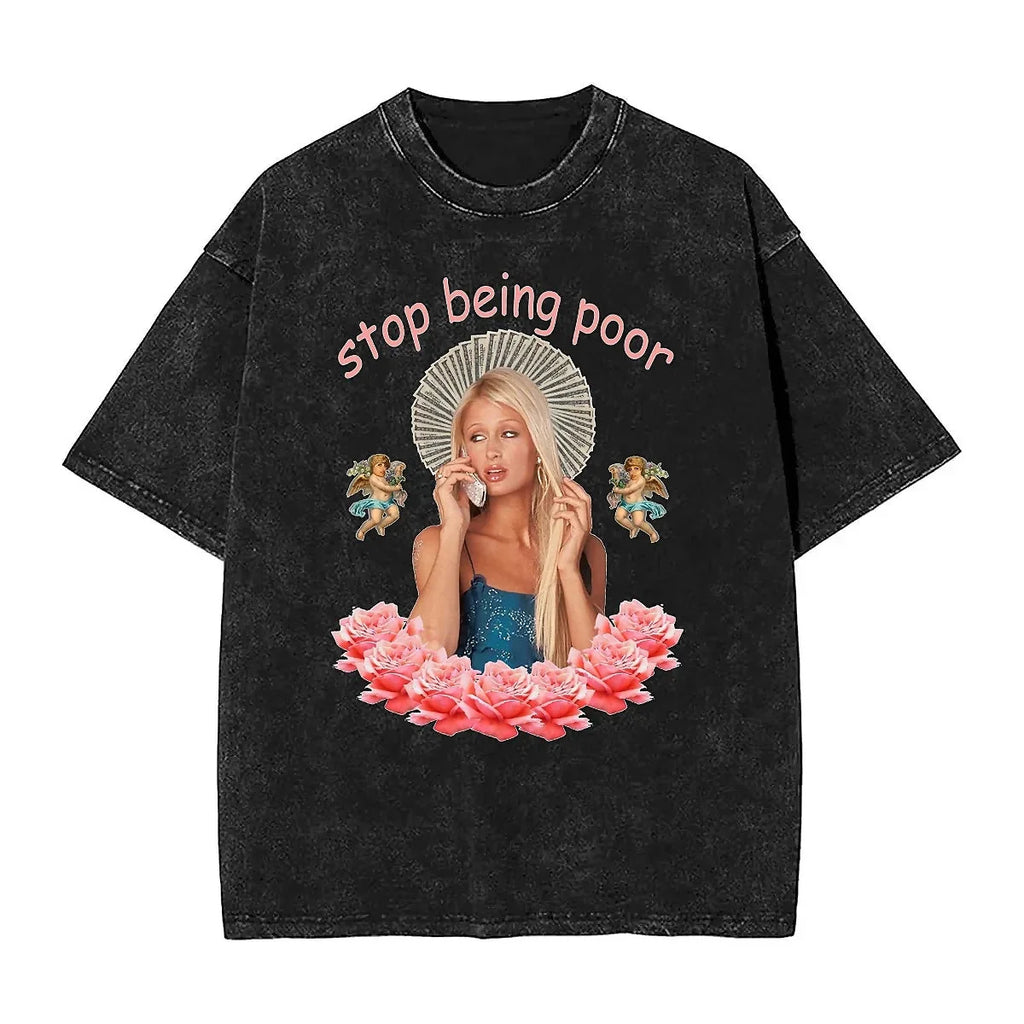 2026 Spring/Summer Paris Hilton Washed T-Shirt Harajuku No Longer Poor Summer Y2K Classic Casual Jacket
