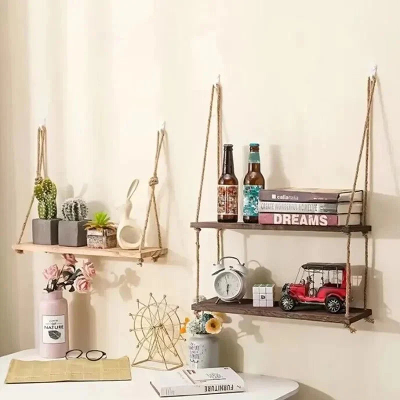1PC 1/2/3-tier Wooden Floating Shelves for Wall Plant Flower  Hanging Rope Storager Wall Shelf Kitchen Storage