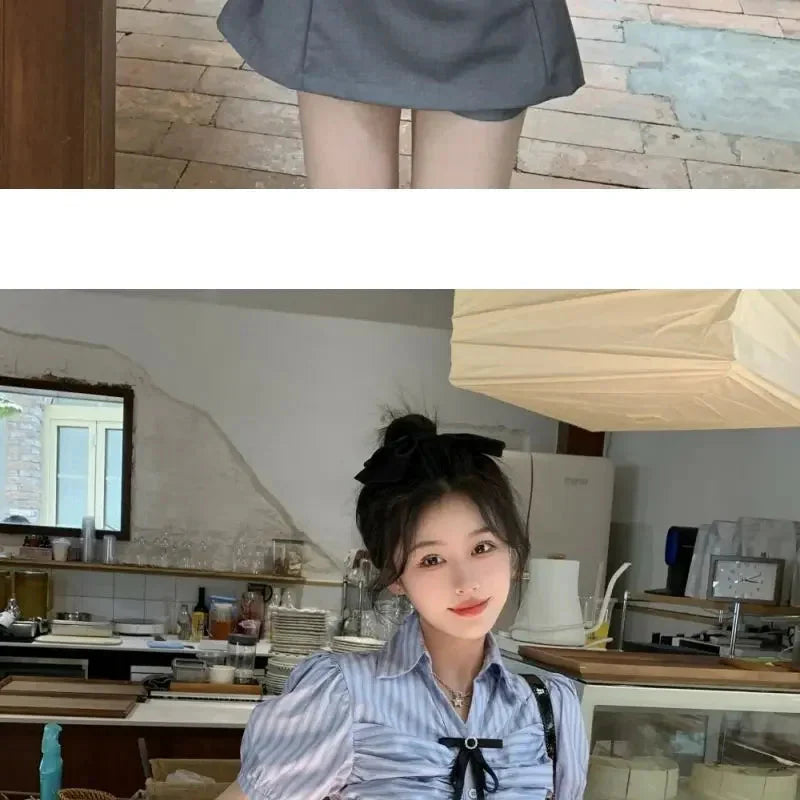 Bow-rinked Striped Shirt for Women Summer French Sweet and Spicy Puff Sleeve Shirt Short Short Sleeve Top