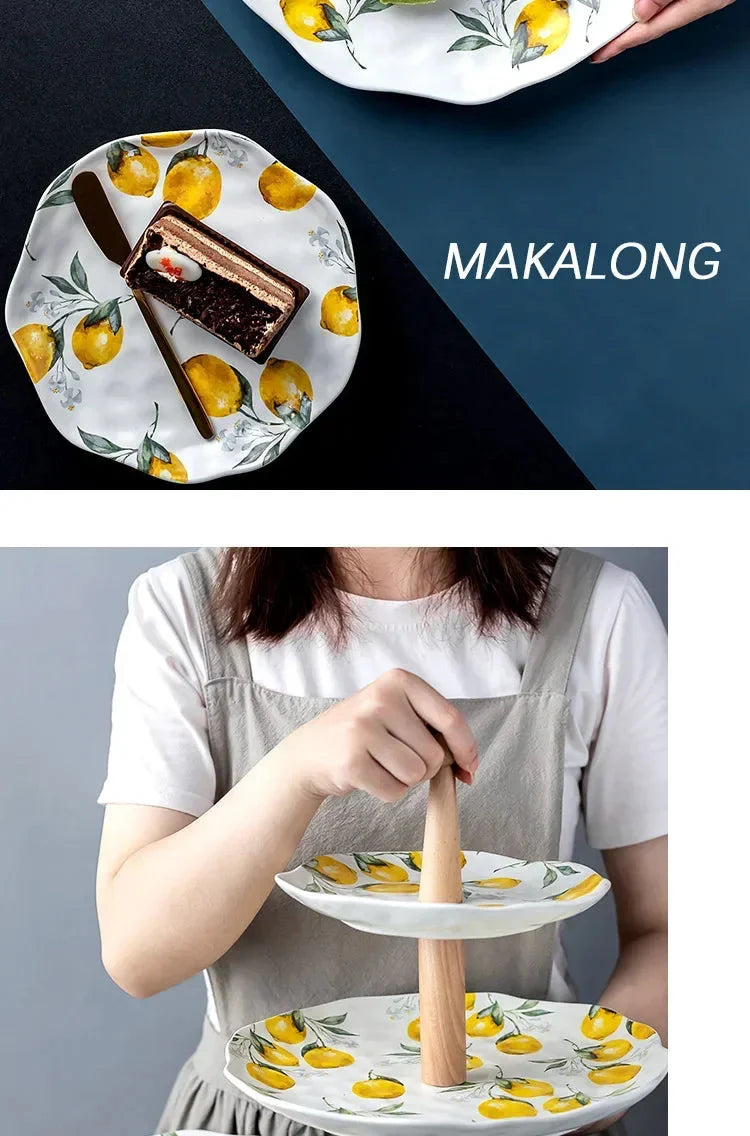European Ceramic Plate Creative Rural Style Breakfast Bread Plate Hand Drawn Lemon Desktop Fruit Salad Plates Kitchen Tableware