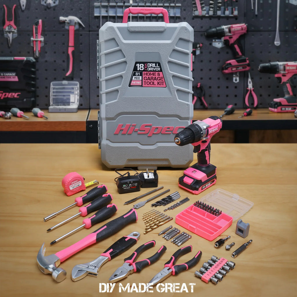 Hi-Spec 92-Piece Pink Home Tool Box Set, Multi-Function Hand Repair Kit with Hammer Cordless Power Drill Combo for Household DIY