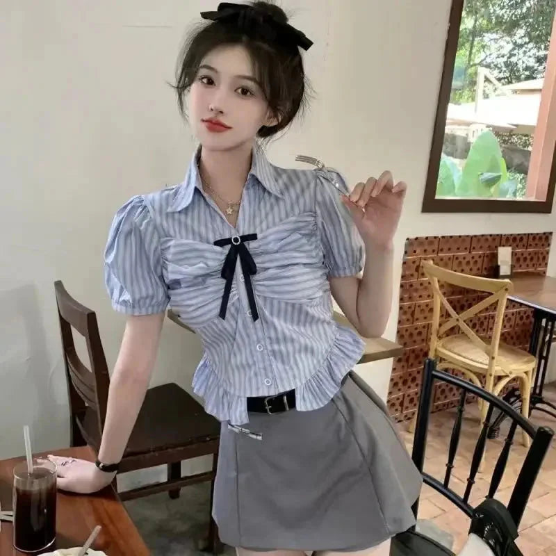 Bow-rinked Striped Shirt for Women Summer French Sweet and Spicy Puff Sleeve Shirt Short Short Sleeve Top