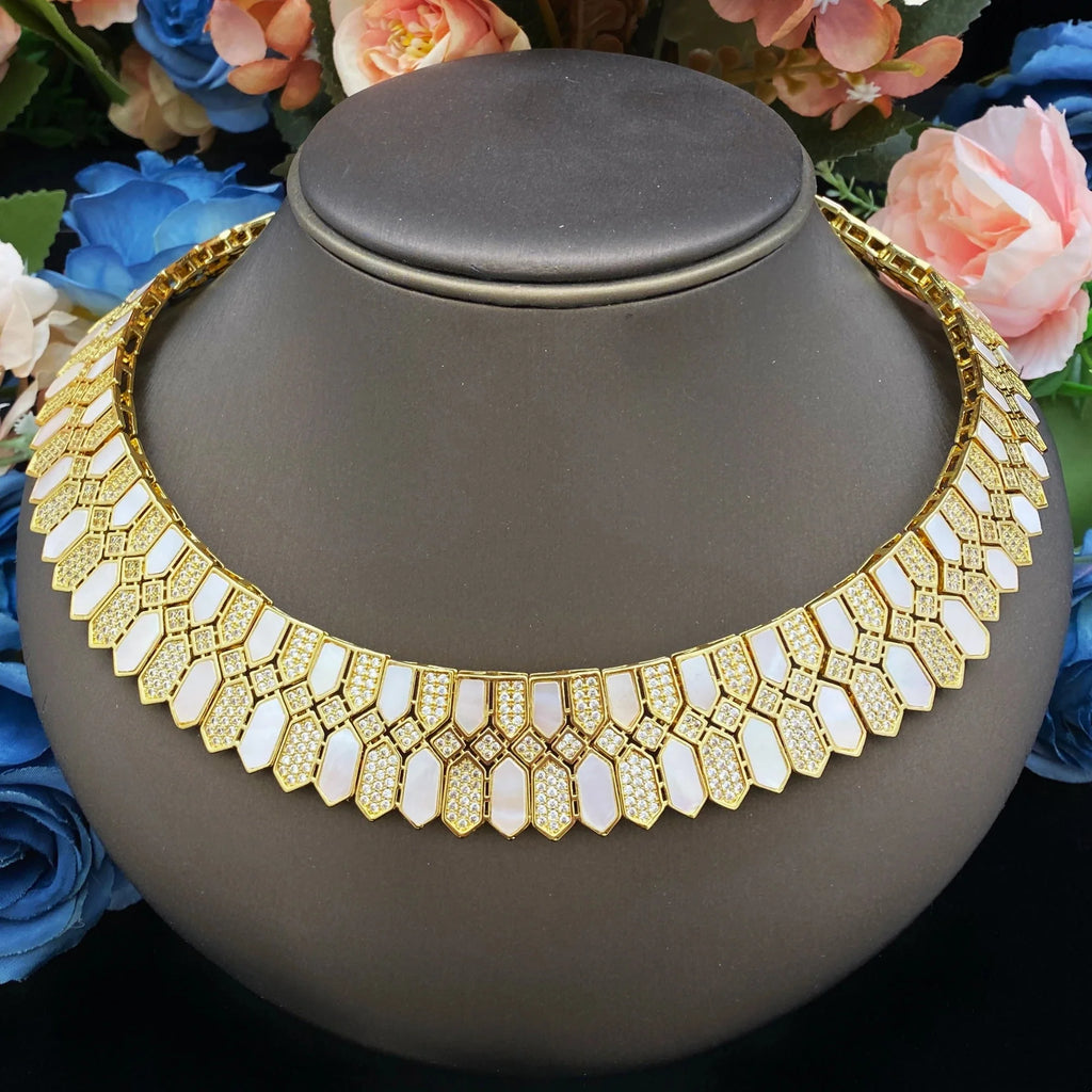 HOT  Jewelry Sets For Woman Wedding Parties Jewellery Necklace Earrings Rings Bracelets For Gift Plating18k With CZ White shell