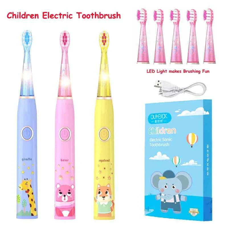 Kids Sonic Electric Toothbrush Cartoon with Colorful LED Light IPX7 Waterproof Overall Clean Teeth Rechargeable Care Toothbrush