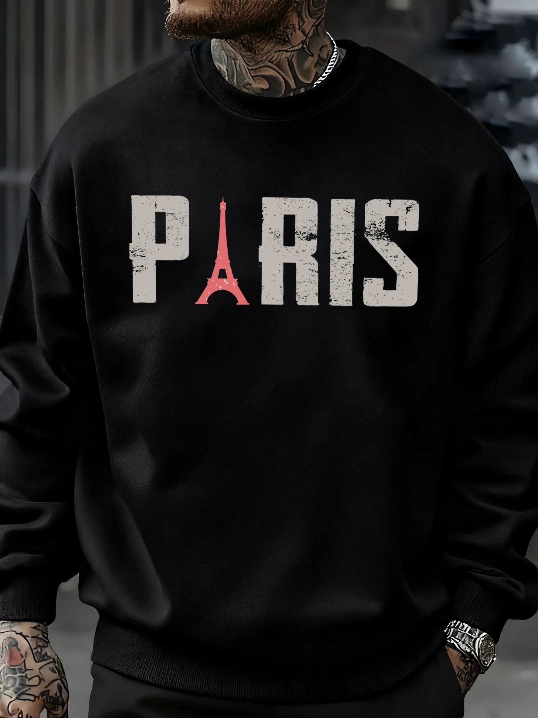 Famous Paris Tower Pattern Sweatshirt Men O-Neck Clothes Autumn Fleece Retro Pullover Loose Unisex Colour Fashion Streetwear