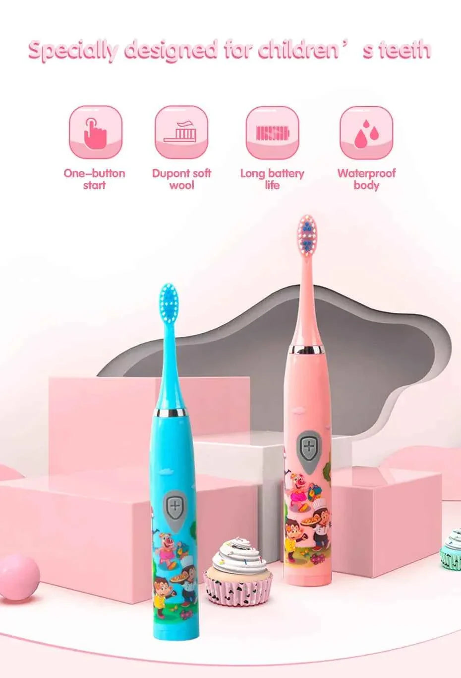 Sonic Children Electric Toothbrush Bright Cartoon With Replacement Heads Ultrasonic Rechargeable Soft Hair Brush Oral Cleaning