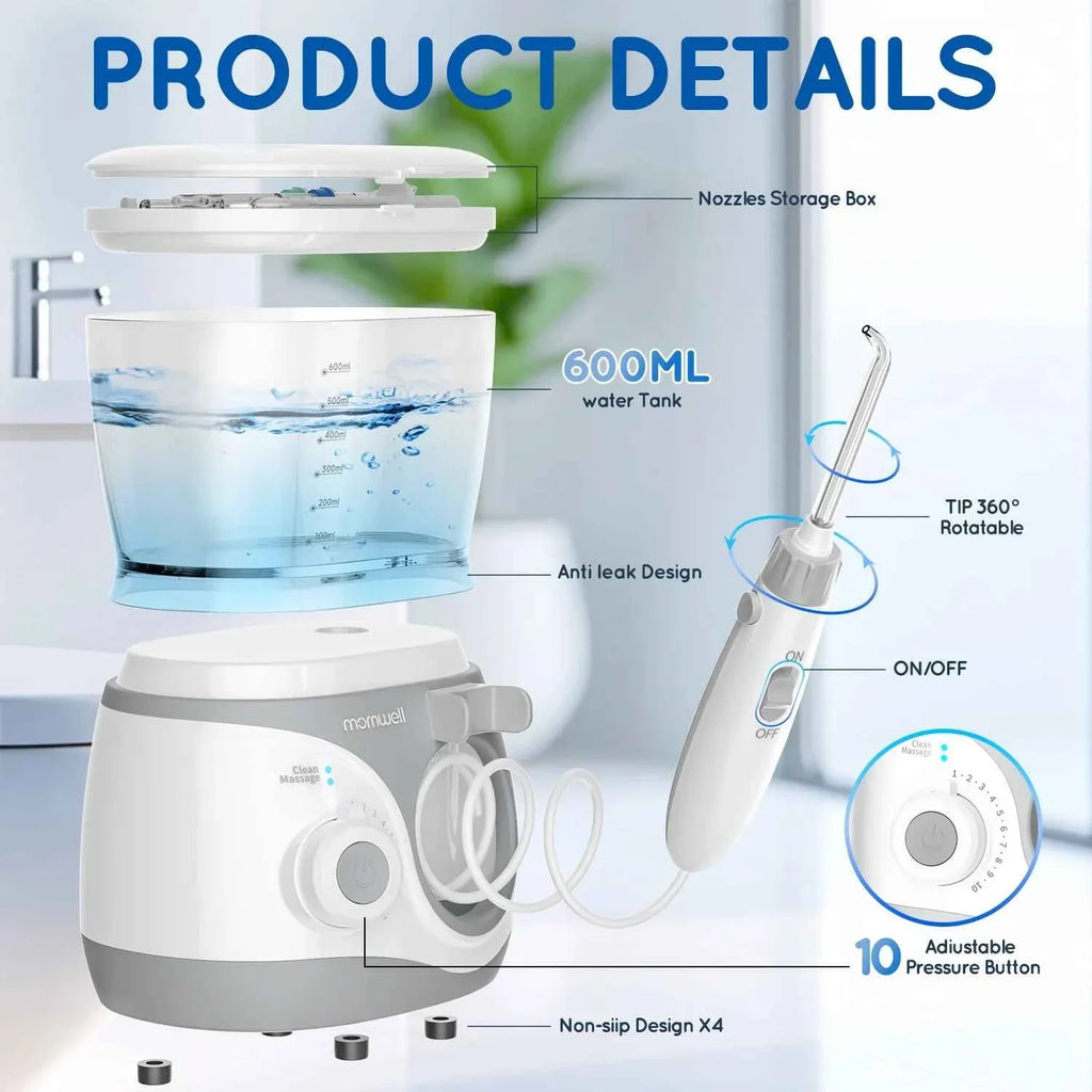 Home Water Flosser, 600 ml Large Capacity,10 Adjustable Pressures,6 Home Nozzles Professional Oral Irrigator for Teeth Clean