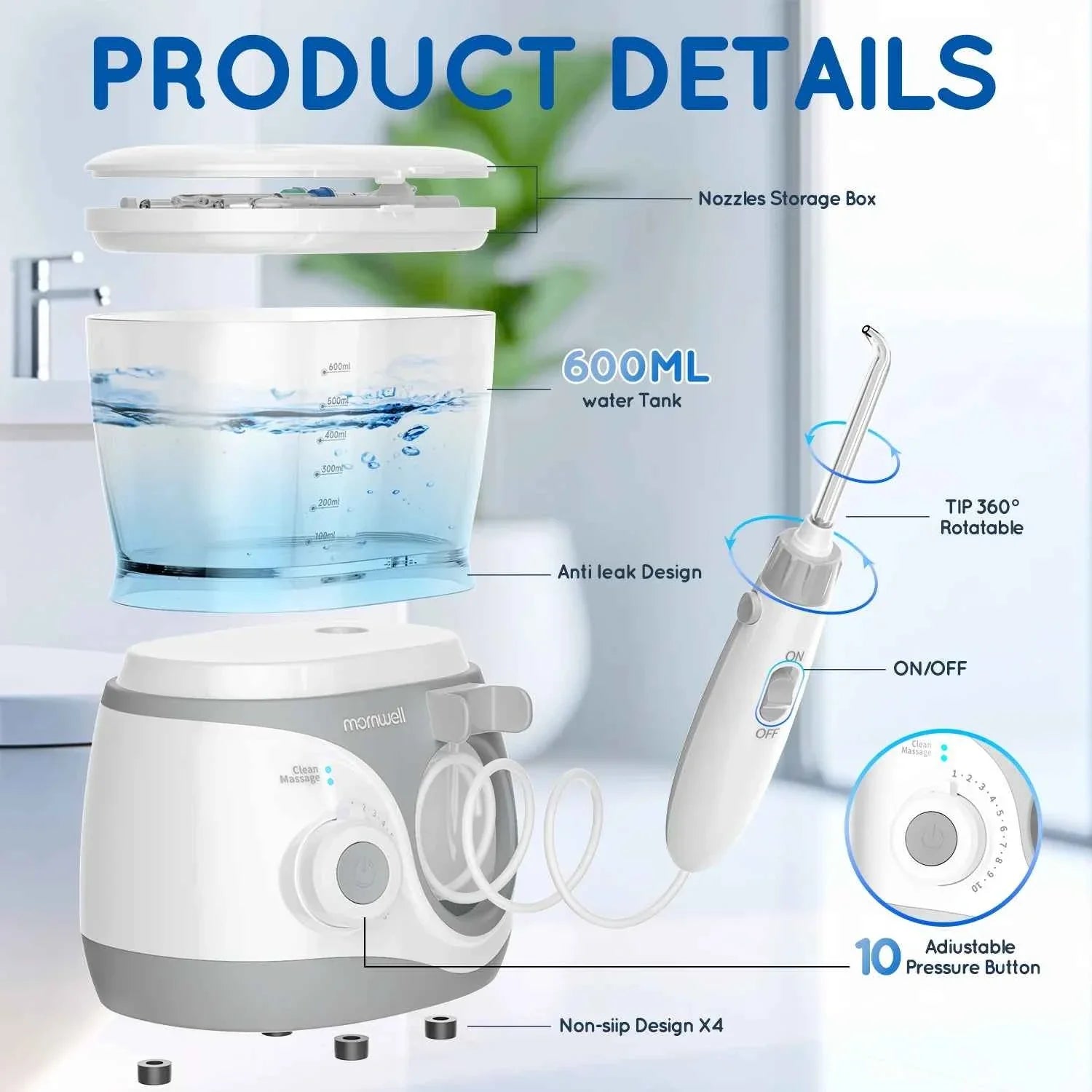 Home Water Flosser, 600 ml Large Capacity,10 Adjustable Pressures,6 Home Nozzles Professional Oral Irrigator for Teeth Clean