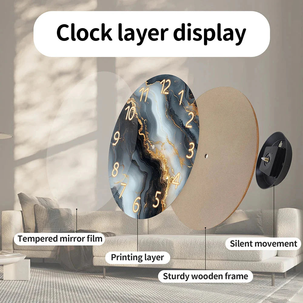 1 piece wooden wall clock, fantasy theme - blue and gold marble - like texture pattern tempered film veneer silent clock, suitab