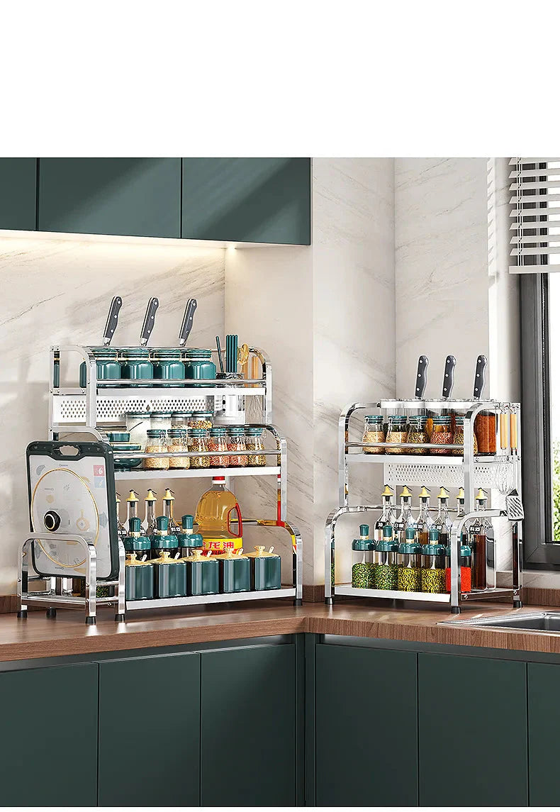 Stainless Steel Kitchen Storage Shelf Seasoning Jar Spice Storage Rack Chopsticks Knife Shelf Bar Organizer Kitchen Supplies