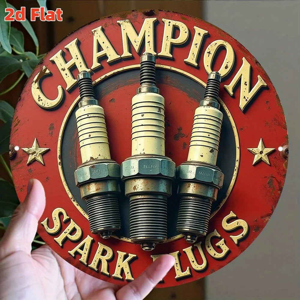 Vintage Champion Spark Plug Logo Metal Wall Art - 19.81cm Round Aluminum Sign with Red & Golden Racing Design, Automotive Engine