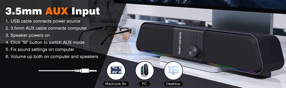 SENZER Computer Speakers-Gaming Speaker with Stereo Sound,PC Sound Bar for Laptop Desktop Monitor (Bluetooth & 3.5mm Aux)