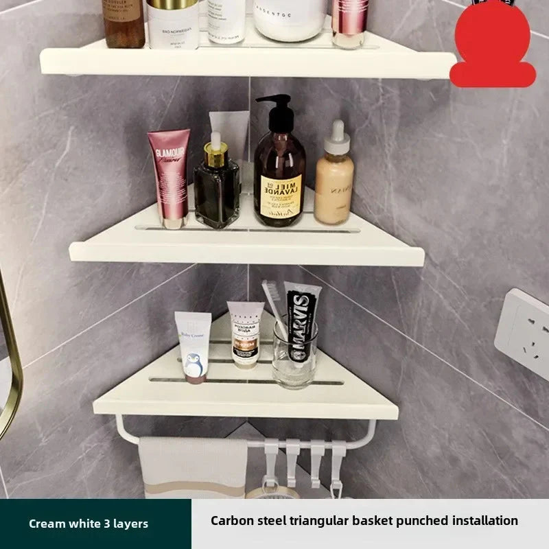 Bathroom Triangle Drain Shelf No Drilling Wall Mounted Cosmetic and Toiletries Hollow Carbon Steel Shelf with Hooks
