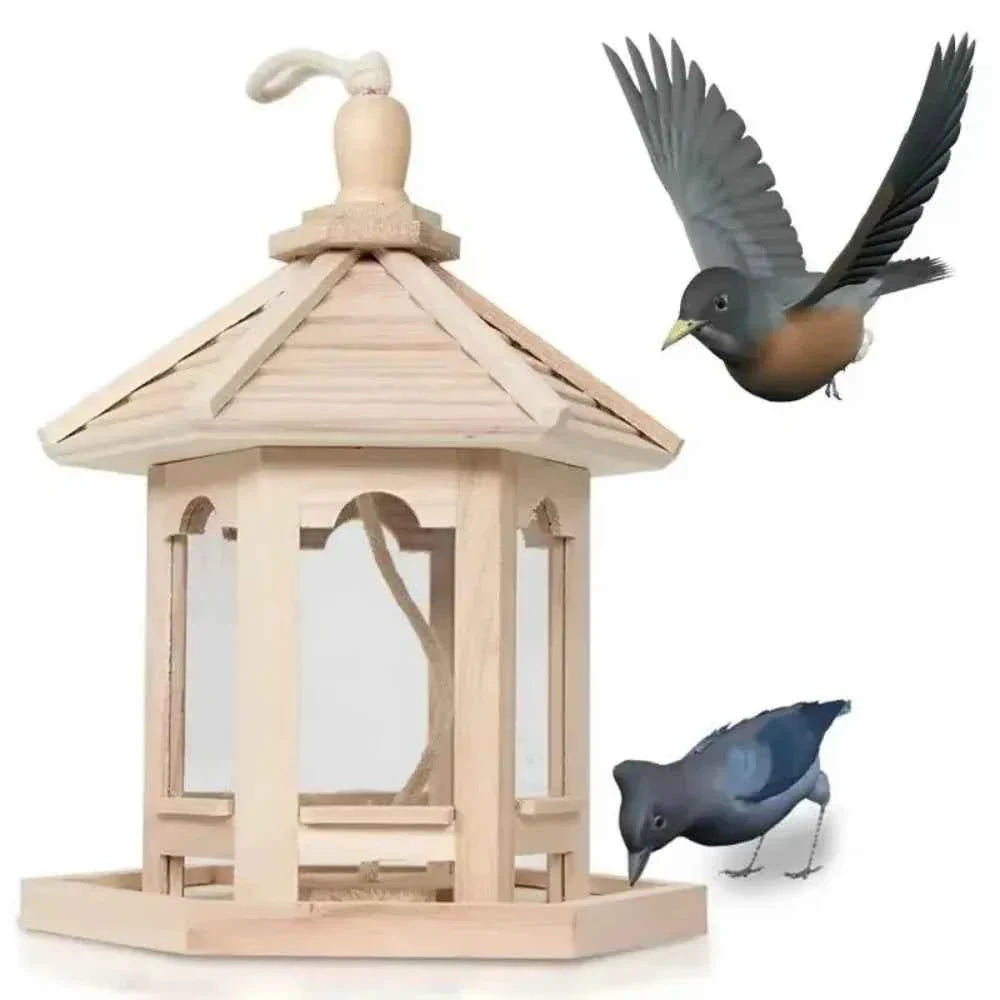 Bird House Ornaments House Shape Bird Feeder House Hanging Wooden Pet Feeder Box Bird Food Dispenser Balcony