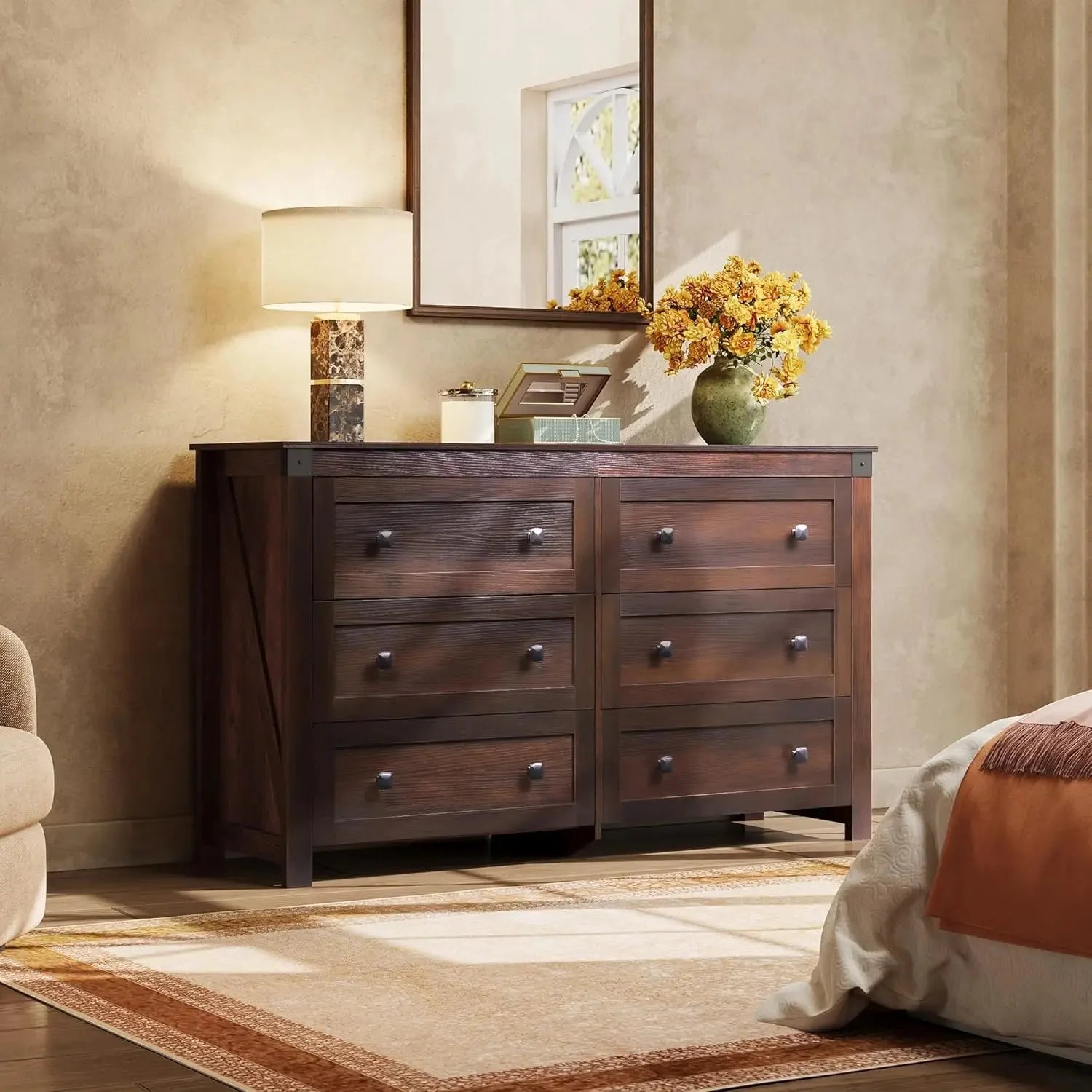 Farmhouse 6 Drawer Dresser for Bedroom, 53.07'' Wide Wood Dresser, Storage Organizer with Double Rustic Handle, TV Stand for 60
