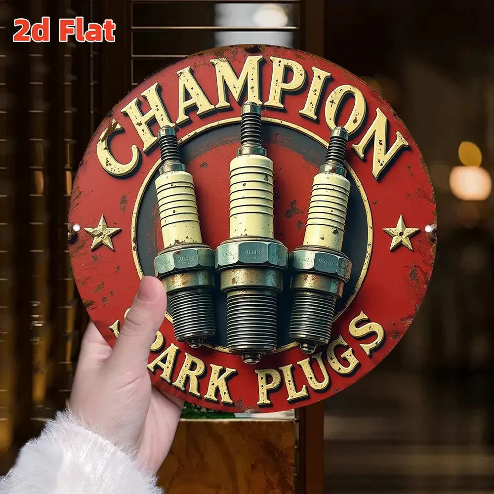 Vintage Champion Spark Plug Logo Metal Wall Art - 19.81cm Round Aluminum Sign with Red & Golden Racing Design, Automotive Engine