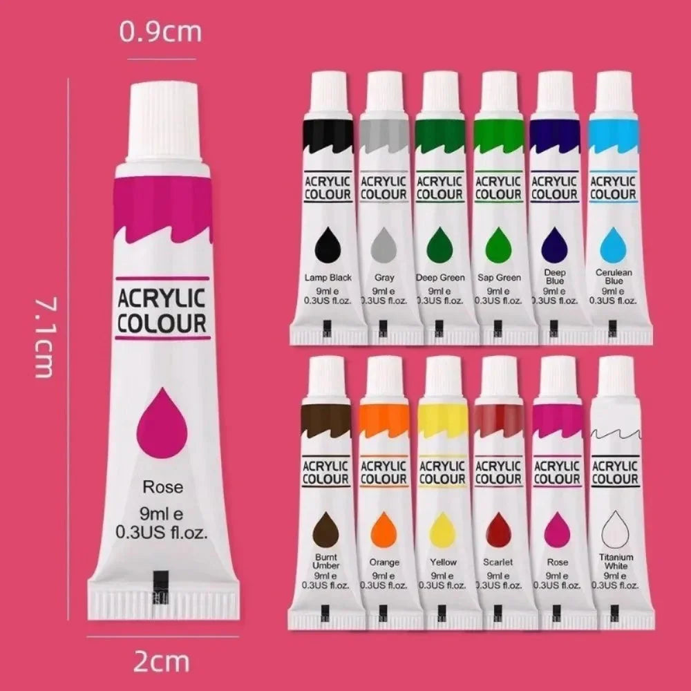 12 Color Acrylic Paint Set 9ml Tubes Waterproof Art Supplies for Beginner Artists DIY Painting on Canvas Wall Art Stationery