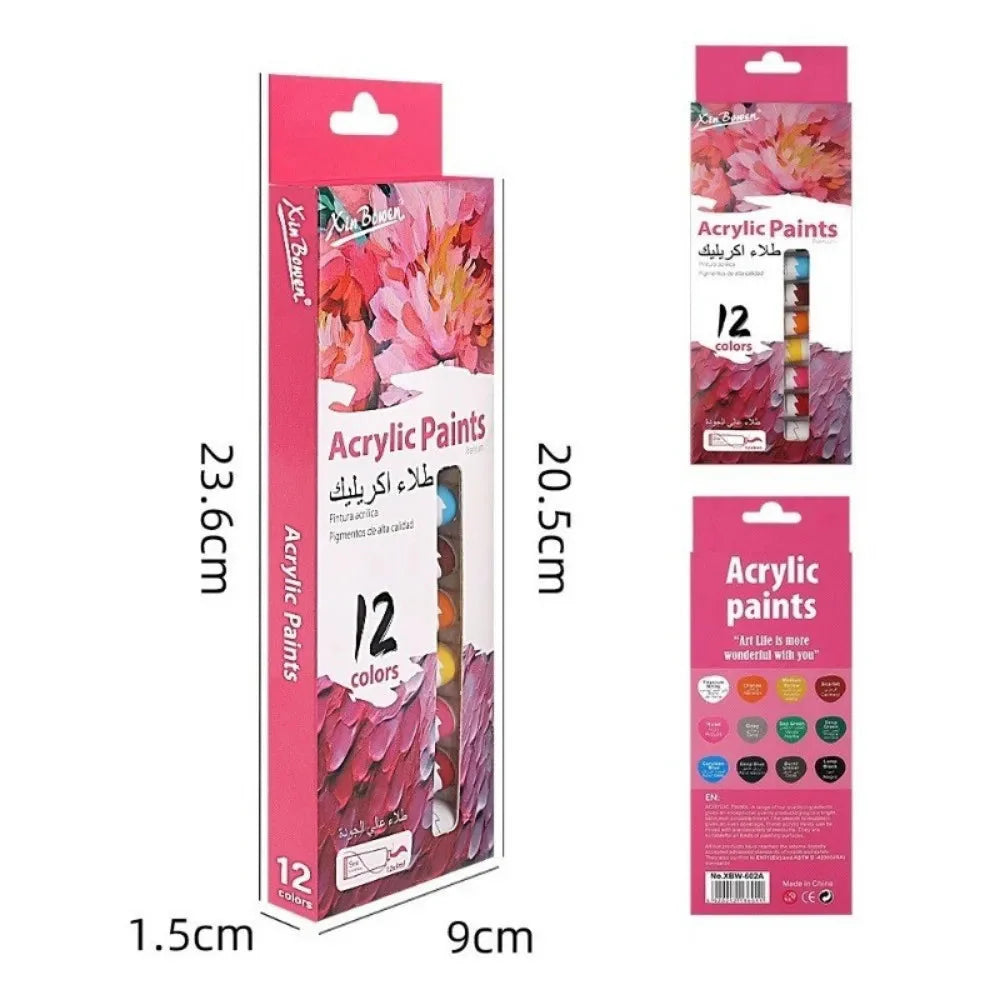 12 Color Acrylic Paint Set 9ml Tubes Waterproof Art Supplies for Beginner Artists DIY Painting on Canvas Wall Art Stationery
