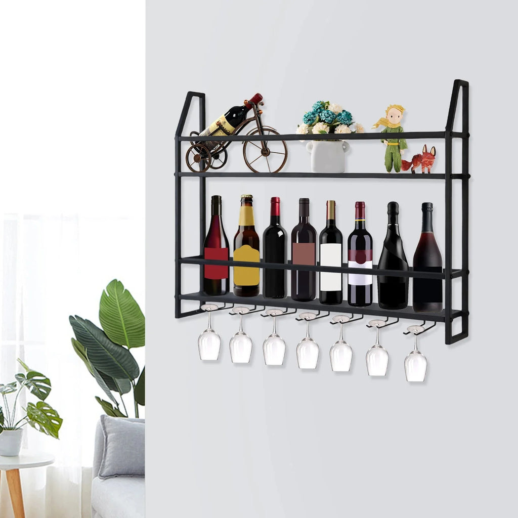 Wall Mounted Iron Wine Rack Bottle Champagne Glass Holder Shelves Bar Home Party Light and Strong Durable Unique Design Decor