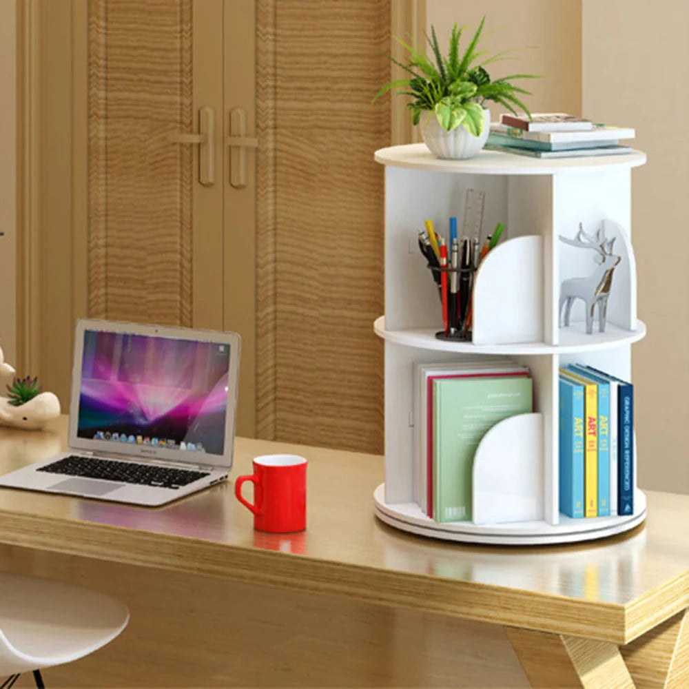 2/4-Tier Wooden Rotatable Bookshelf - 360°Display Floor Standing Storage Rack, White Multifunctional Bookshelf Organizer