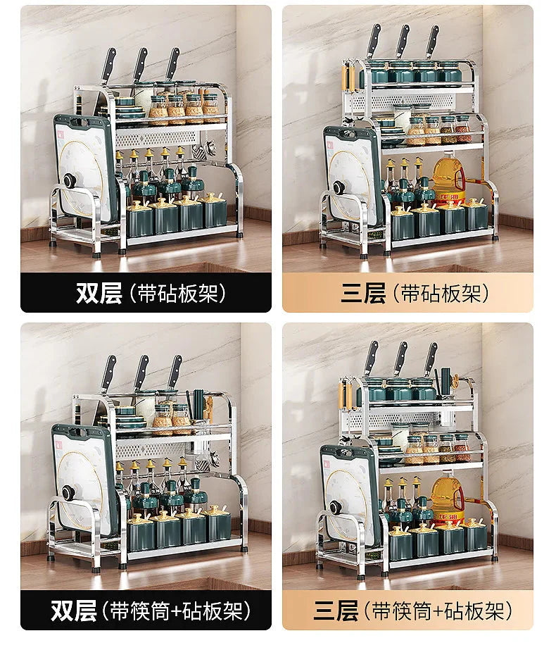 Stainless Steel Kitchen Storage Shelf Seasoning Jar Spice Storage Rack Chopsticks Knife Shelf Bar Organizer Kitchen Supplies
