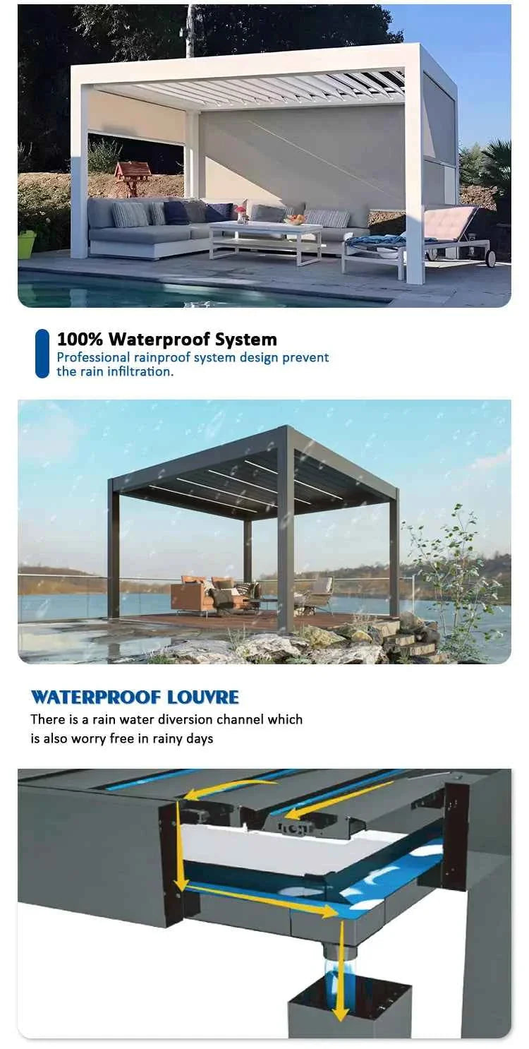 Motorized Aluminum Bioclimatic Pergola - Waterproof Electric Shutter Garden Gazebo