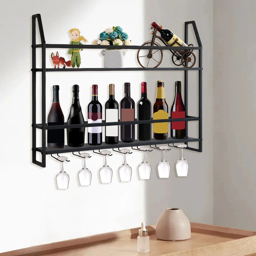 Wall Mounted Iron Wine Rack Bottle Champagne Glass Holder Shelves Bar Home Party Light and Strong Durable Unique Design Decor