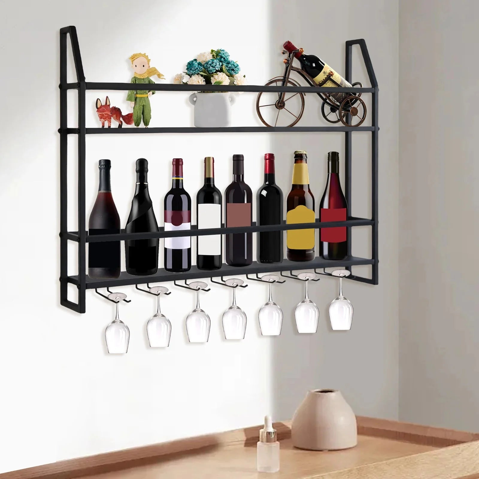 Wall Mounted Iron Wine Rack Bottle Champagne Glass Holder Shelves Bar Home Party Light and Strong Durable Unique Design Decor