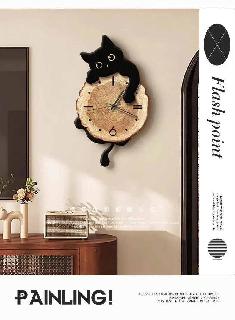 Cartoon Cat Wall Clock Creative Cat Tail Swing Wall Clock Quartz Mute Wall Clock Home Decoration Living Room Bedroom Decoration
