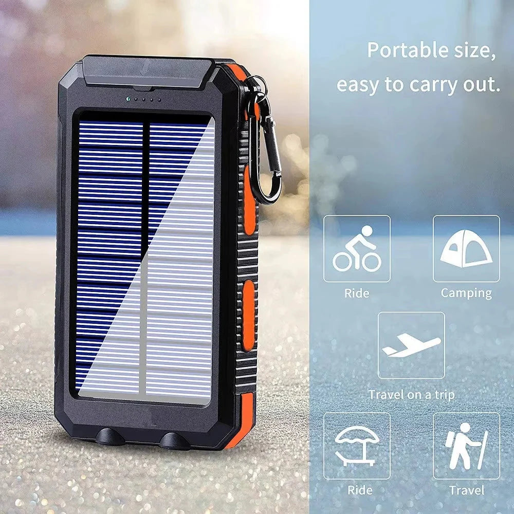 Solar Power Bank 10000mAh Portable Charging Poverbank External Battery Charger Strong Light LDE Light for All Smartphones