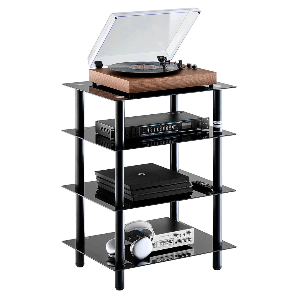 SucceBuy 4-Tier AV Media Stand Audio/Video Stand with Strengthen Tempered Glass Shevles for DVD Adjustable Media Storage Cabinet