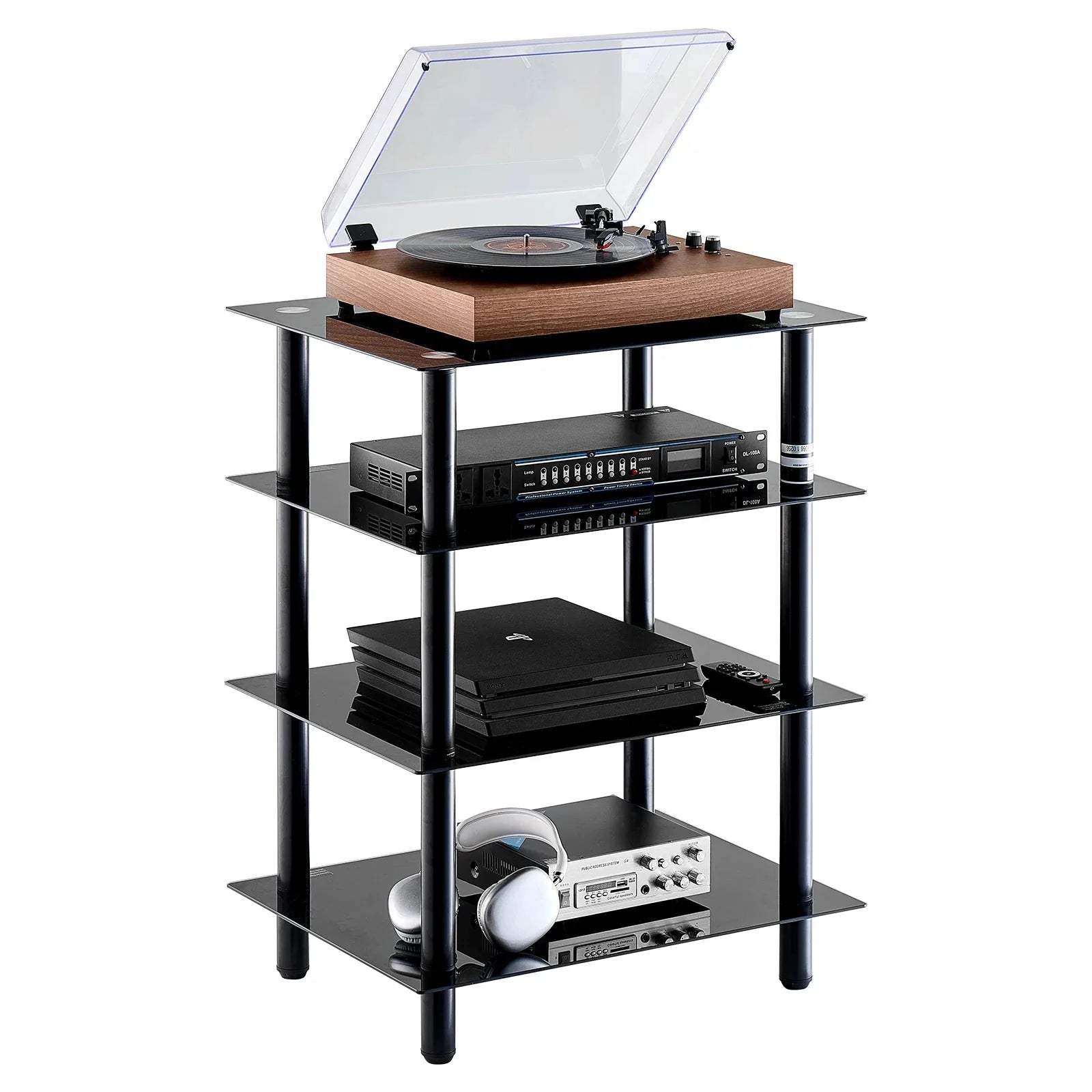 SucceBuy 4-Tier AV Media Stand Audio/Video Stand with Strengthen Tempered Glass Shevles for DVD Adjustable Media Storage Cabinet